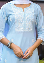 Juniper Women's Sky Blue Solid Cotton Kurta Pant And Dupatta Set With Thread Embroidery | Grocsy