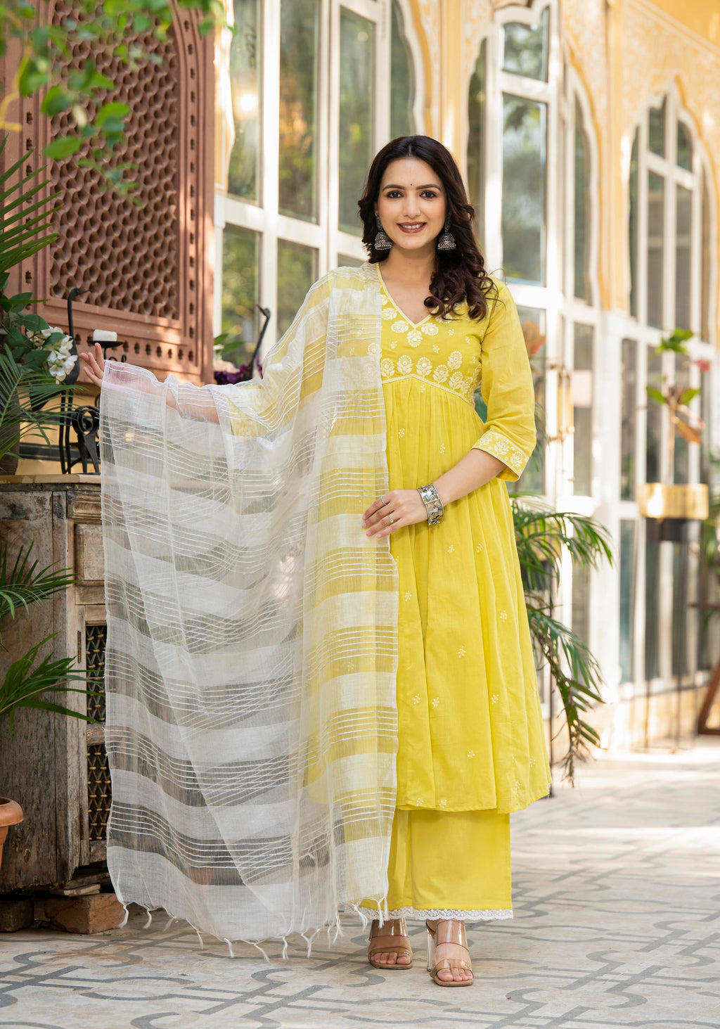 Juniper Lime Solid Cotton Kurta Pant And Dupatta Set With Thread & Mirror Work | Grocsy