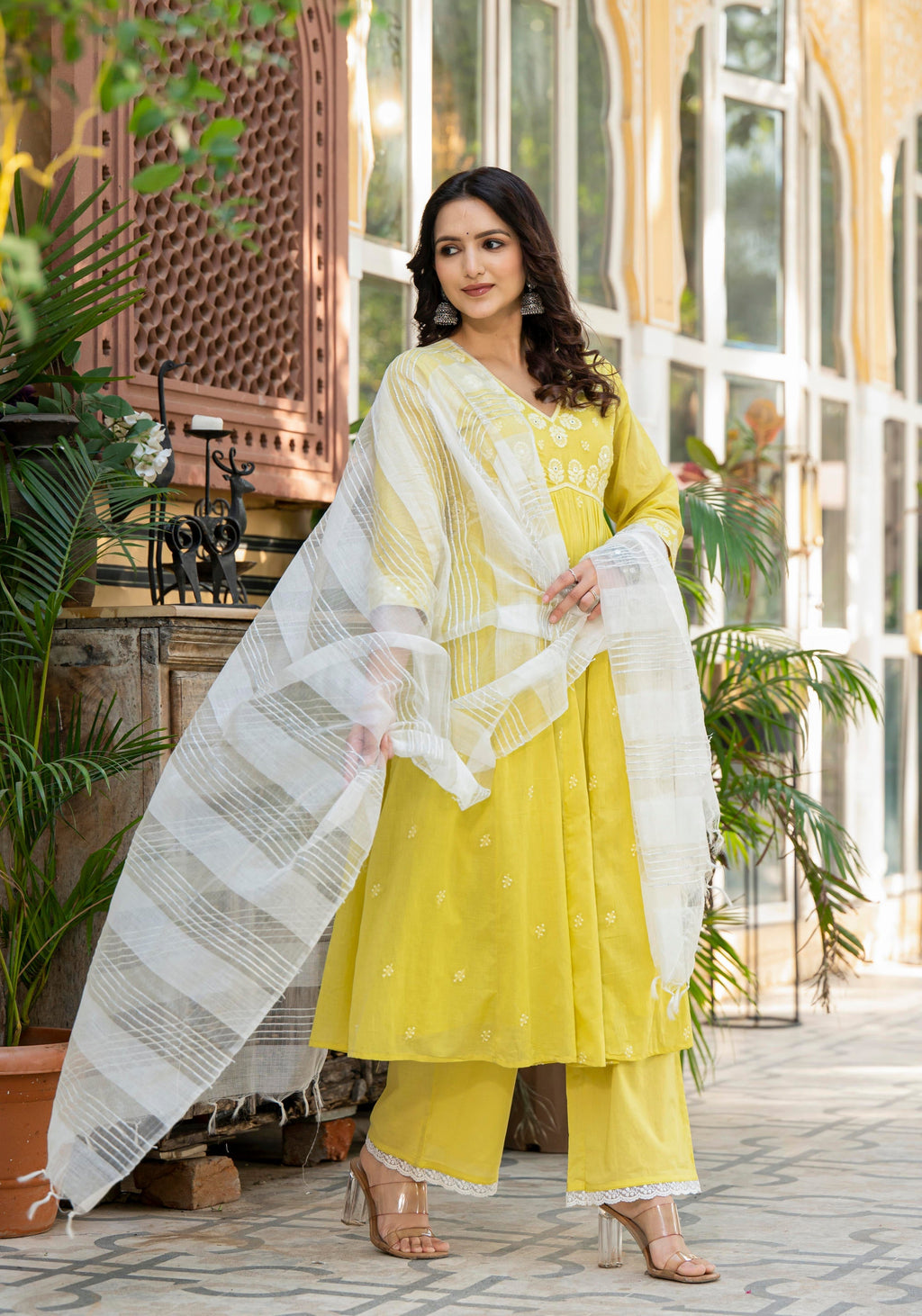 Juniper Lime Solid Cotton Kurta Pant And Dupatta Set With Thread & Mirror Work | Grocsy