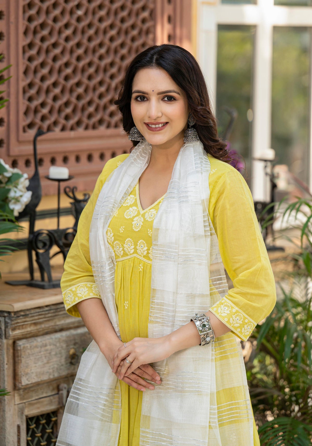 Juniper Lime Solid Cotton Kurta Pant And Dupatta Set With Thread & Mirror Work | Grocsy
