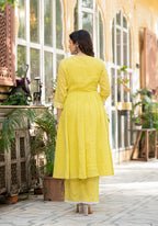 Juniper Lime Solid Cotton Kurta Pant And Dupatta Set With Thread & Mirror Work | Grocsy