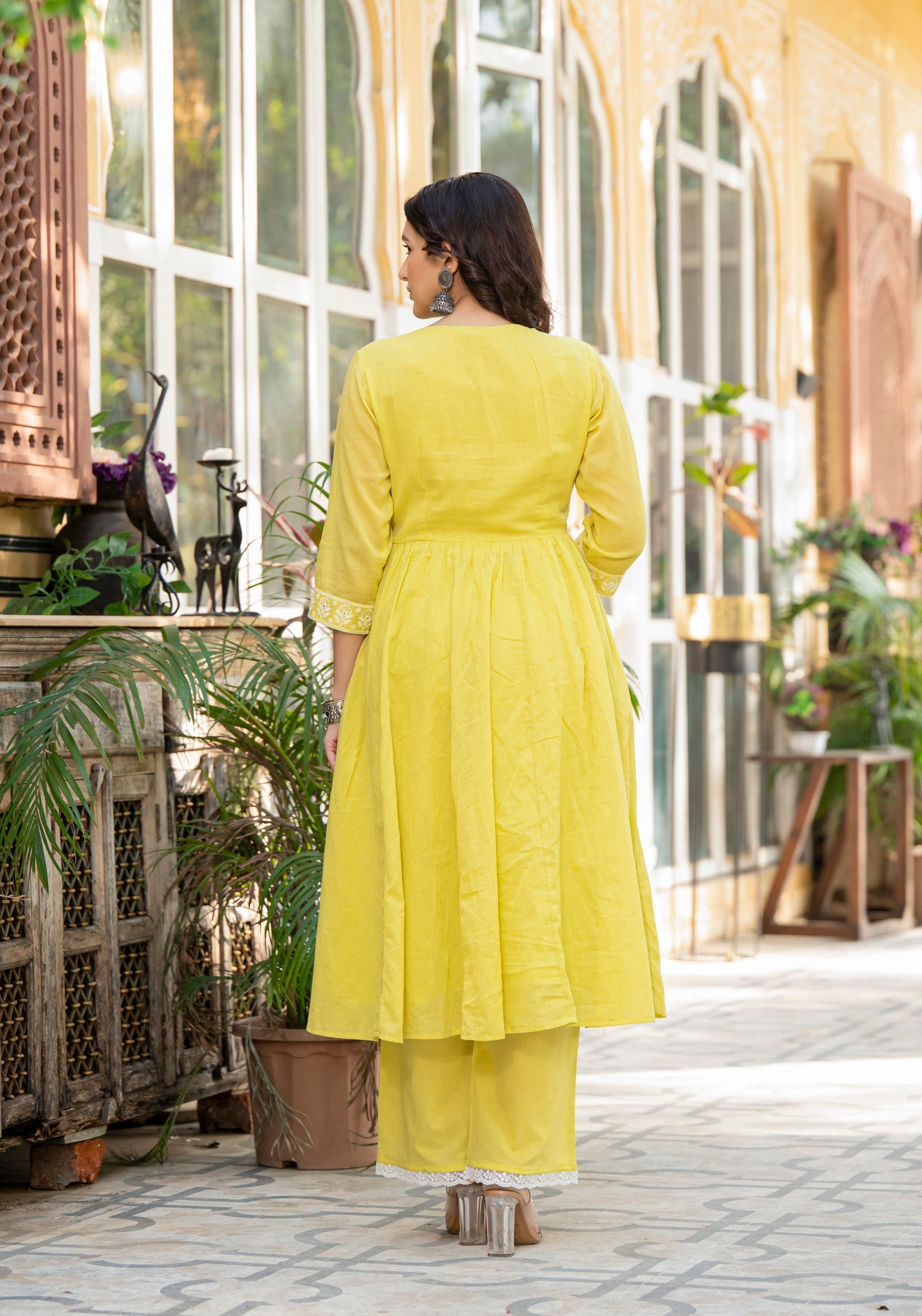 Juniper Lime Solid Cotton Kurta Pant And Dupatta Set With Thread & Mirror Work | Grocsy