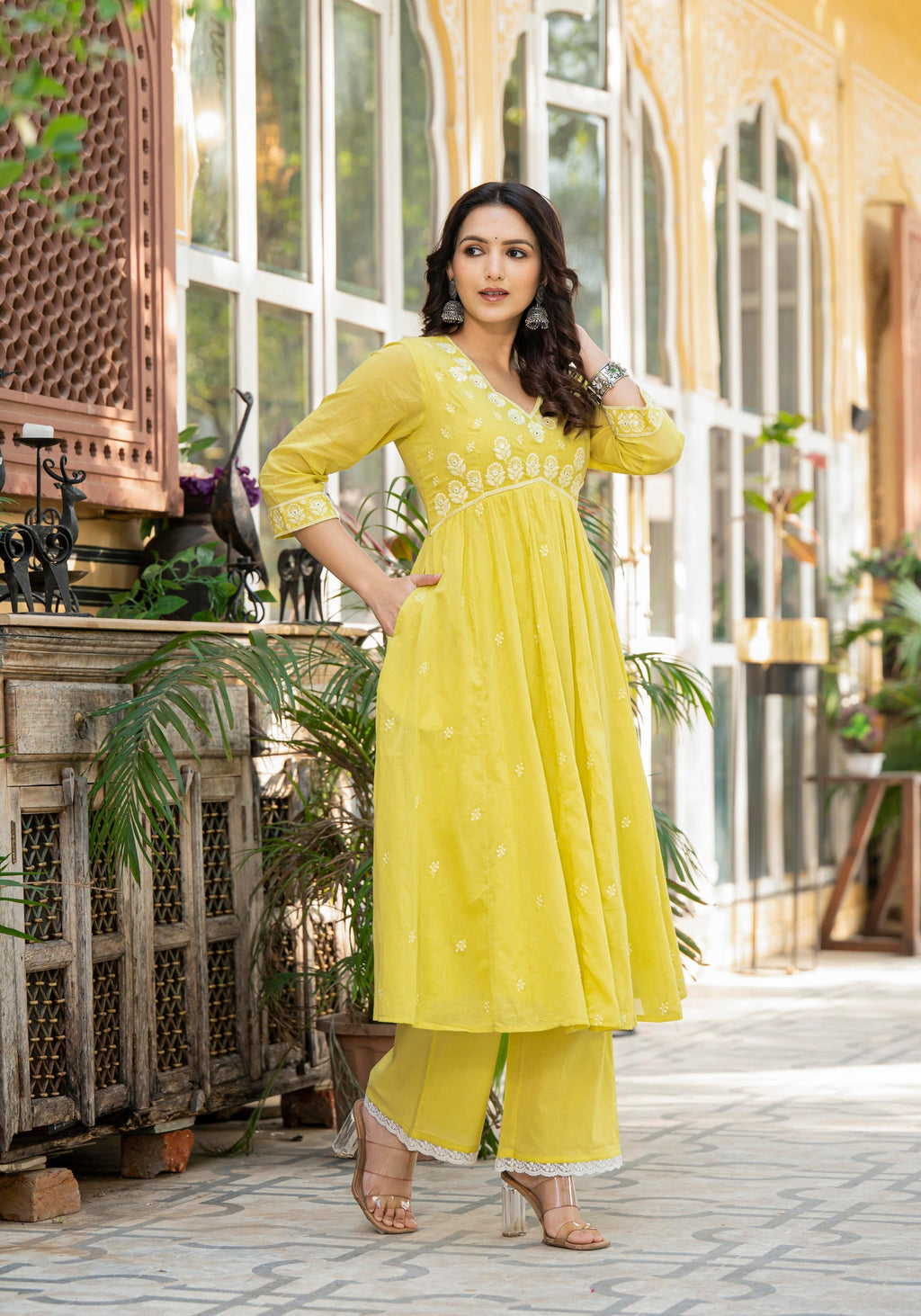 Juniper Lime Solid Cotton Kurta Pant And Dupatta Set With Thread & Mirror Work | Grocsy
