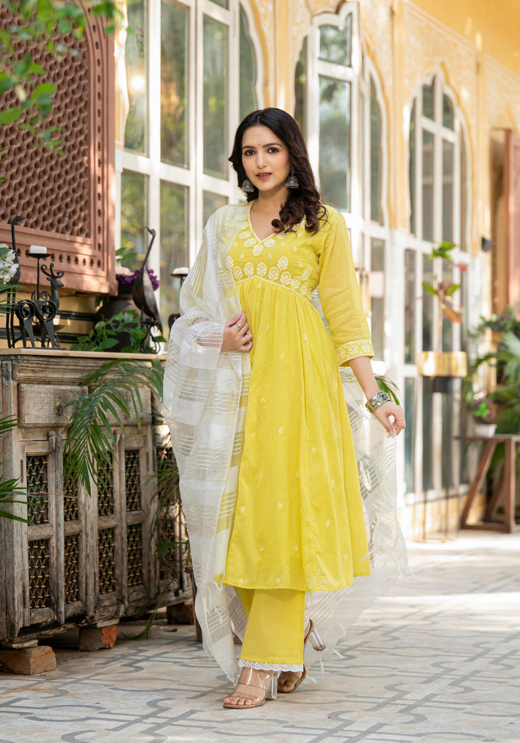 Juniper Lime Solid Cotton Kurta Pant And Dupatta Set With Thread & Mirror Work | Grocsy