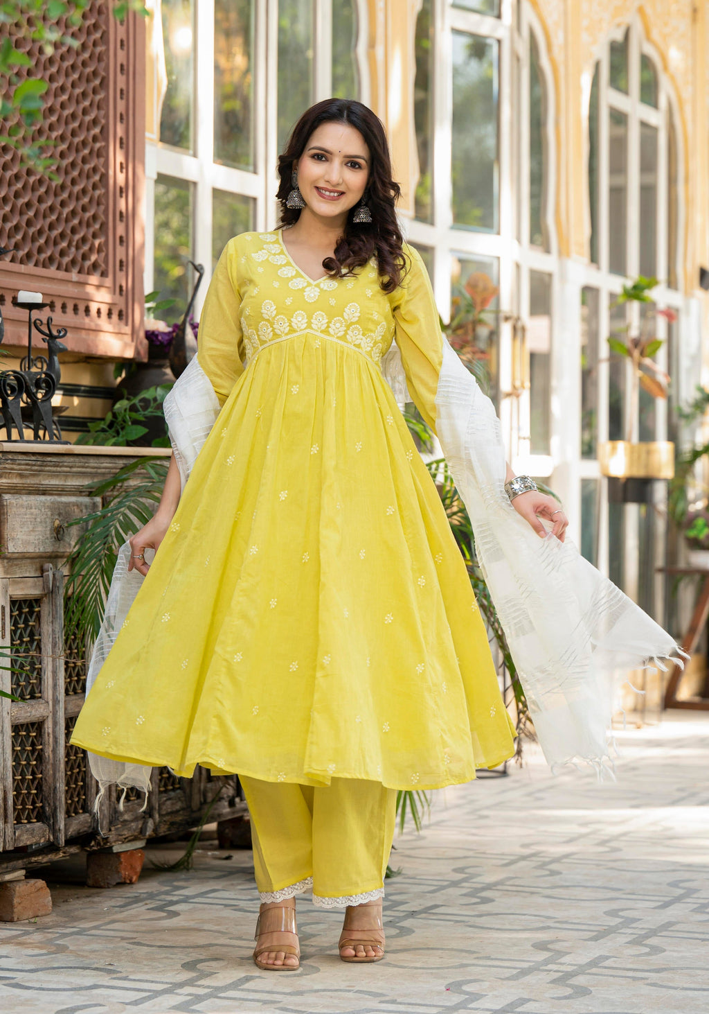 Juniper Lime Solid Cotton Kurta Pant And Dupatta Set With Thread & Mirror Work | Grocsy
