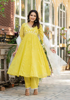 Juniper Lime Solid Cotton Kurta Pant And Dupatta Set With Thread & Mirror Work | Grocsy