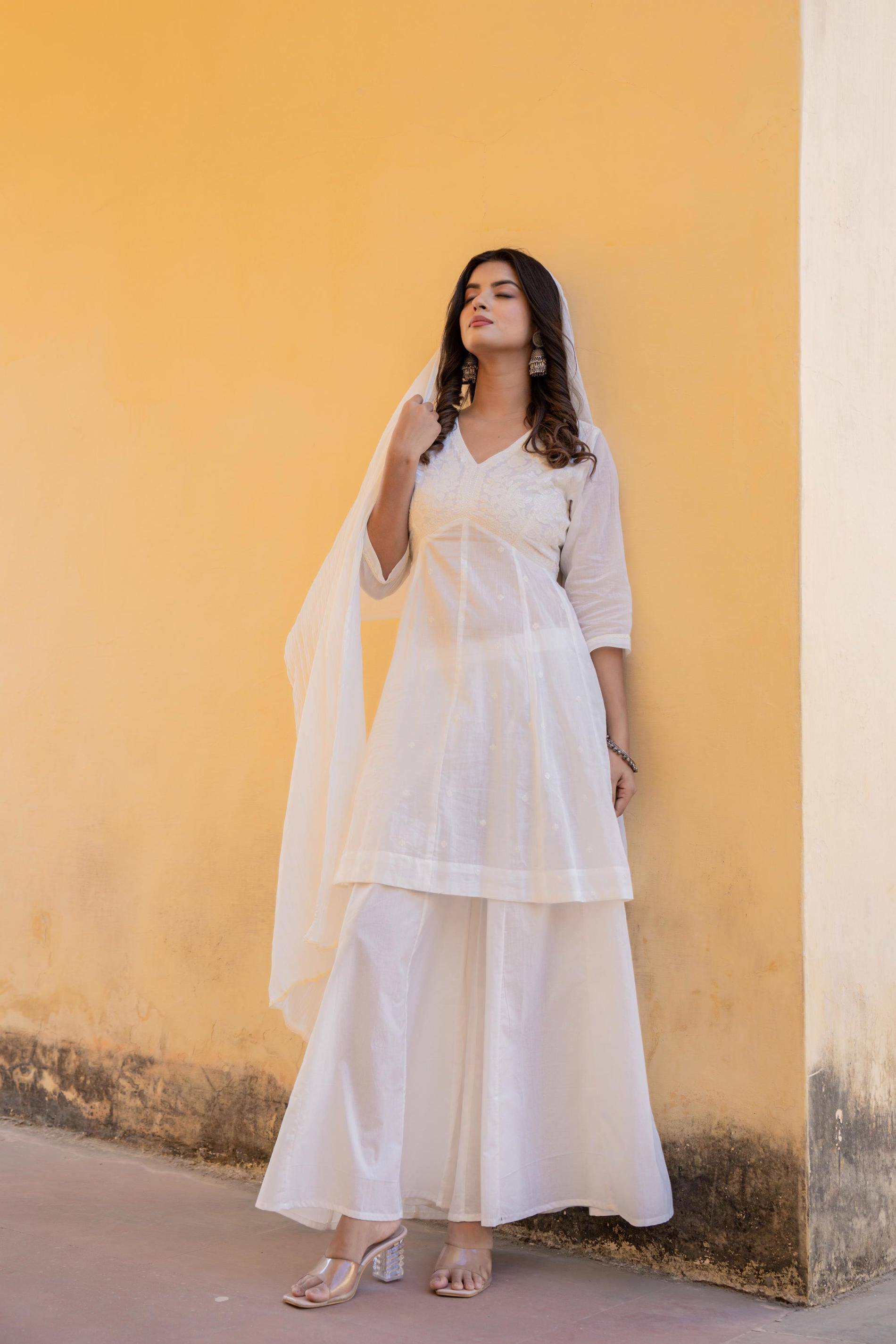 Juniper White Embroidered Anarkali Kurta Set With Palazzo & Dupatta | Grocsy