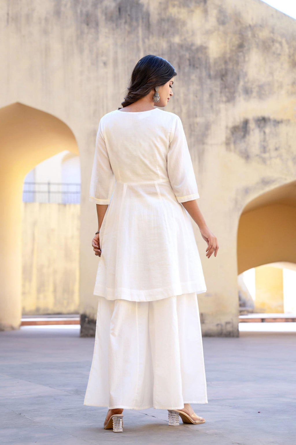 Juniper White Embroidered Anarkali Kurta Set With Palazzo & Dupatta | Grocsy