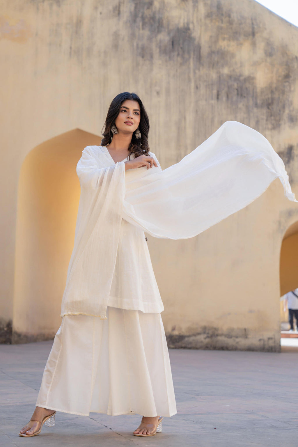 Juniper White Embroidered Anarkali Kurta Set with Palazzo & Dupatta | Grocsy