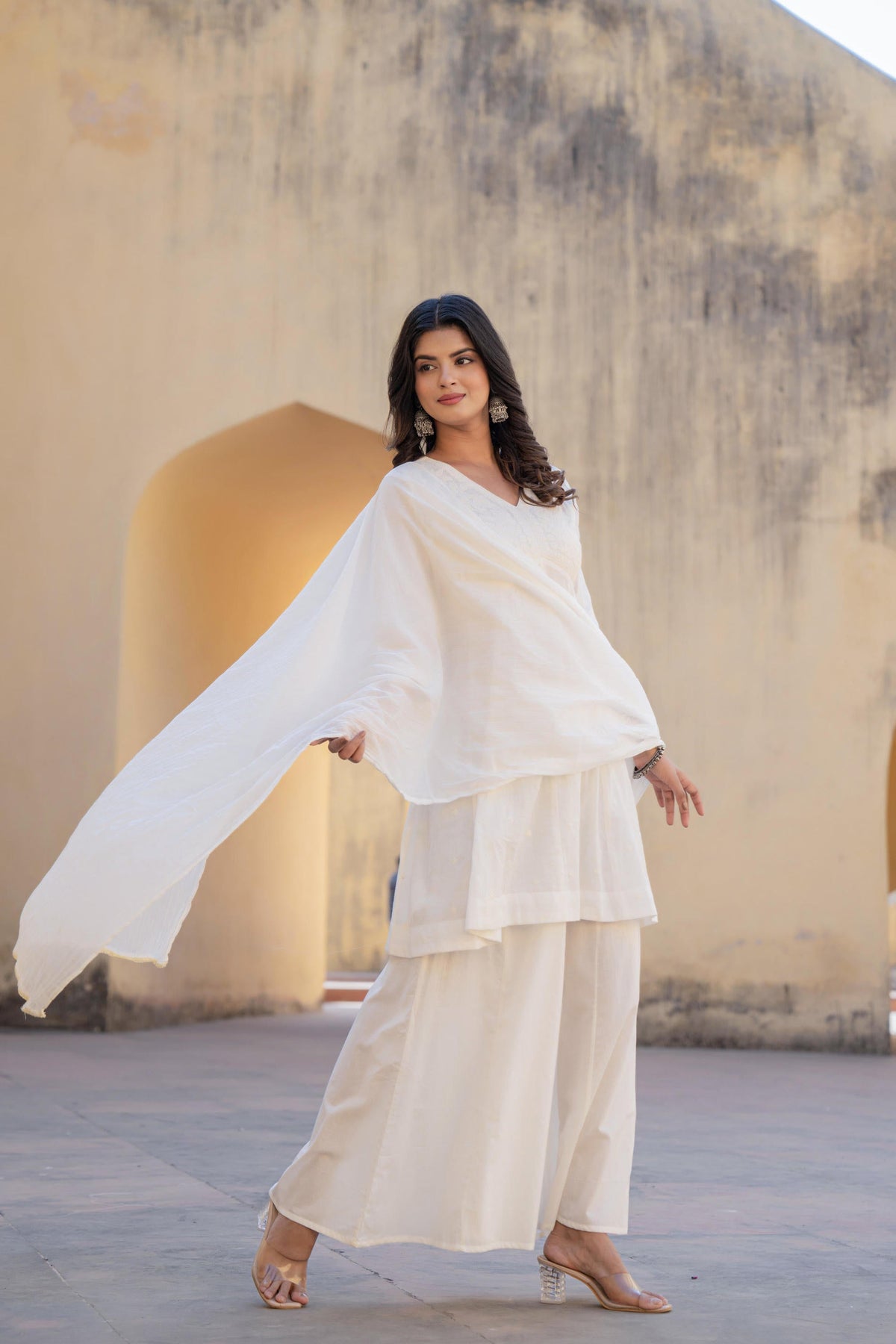 Juniper White Embroidered Anarkali Kurta Set with Palazzo & Dupatta | Grocsy