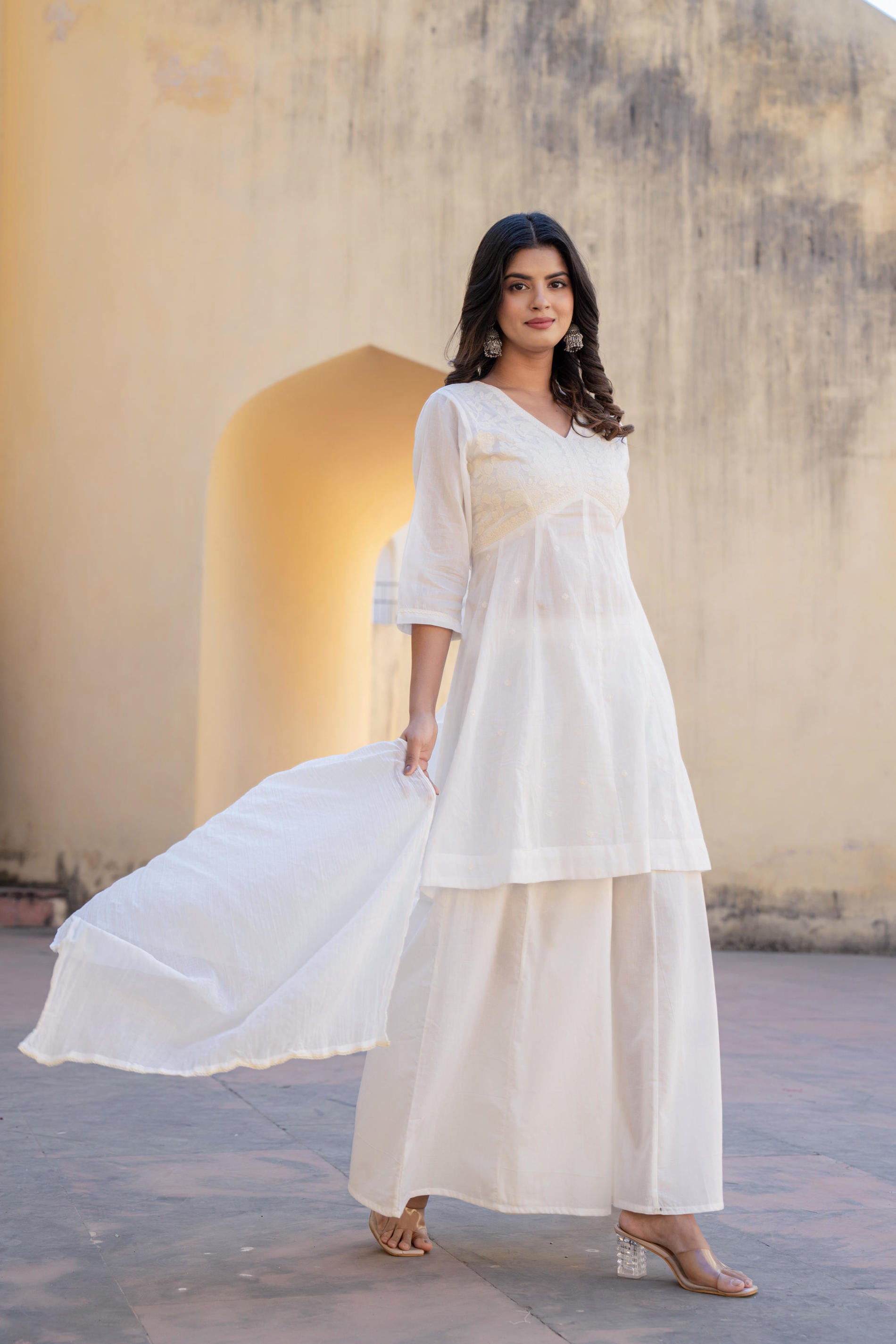 Juniper White Embroidered Anarkali Kurta Set with Palazzo & Dupatta | Grocsy