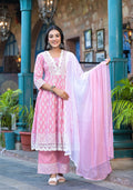 Juniper Powder Rose Pink Lace-Trim Printed Kurta Set With Dupatta | Grocsy