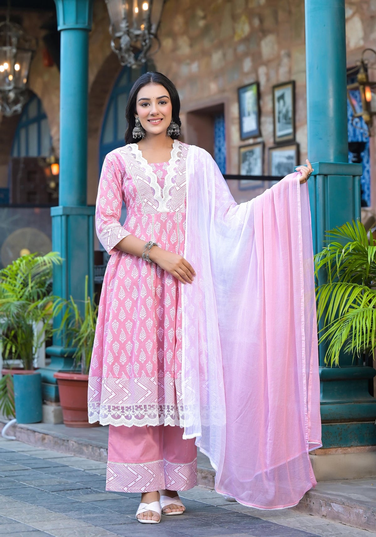 Juniper Powder Rose Pink Lace-Trim Printed Kurta Set With Dupatta | Grocsy