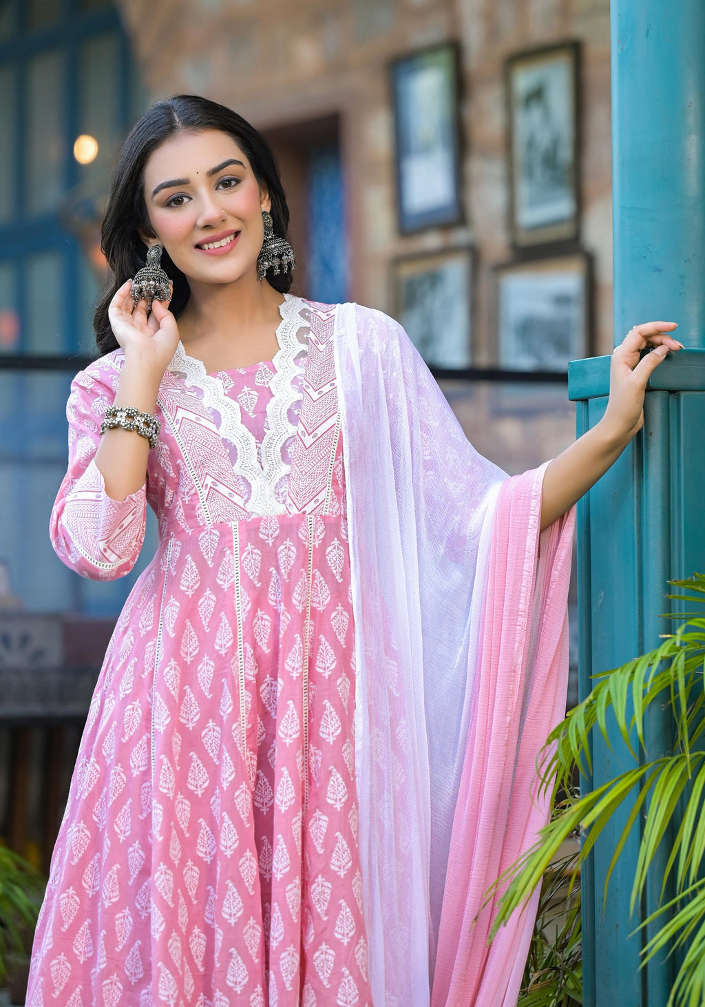 Juniper Powder Rose Pink Lace-Trim Printed Kurta Set With Dupatta | Grocsy