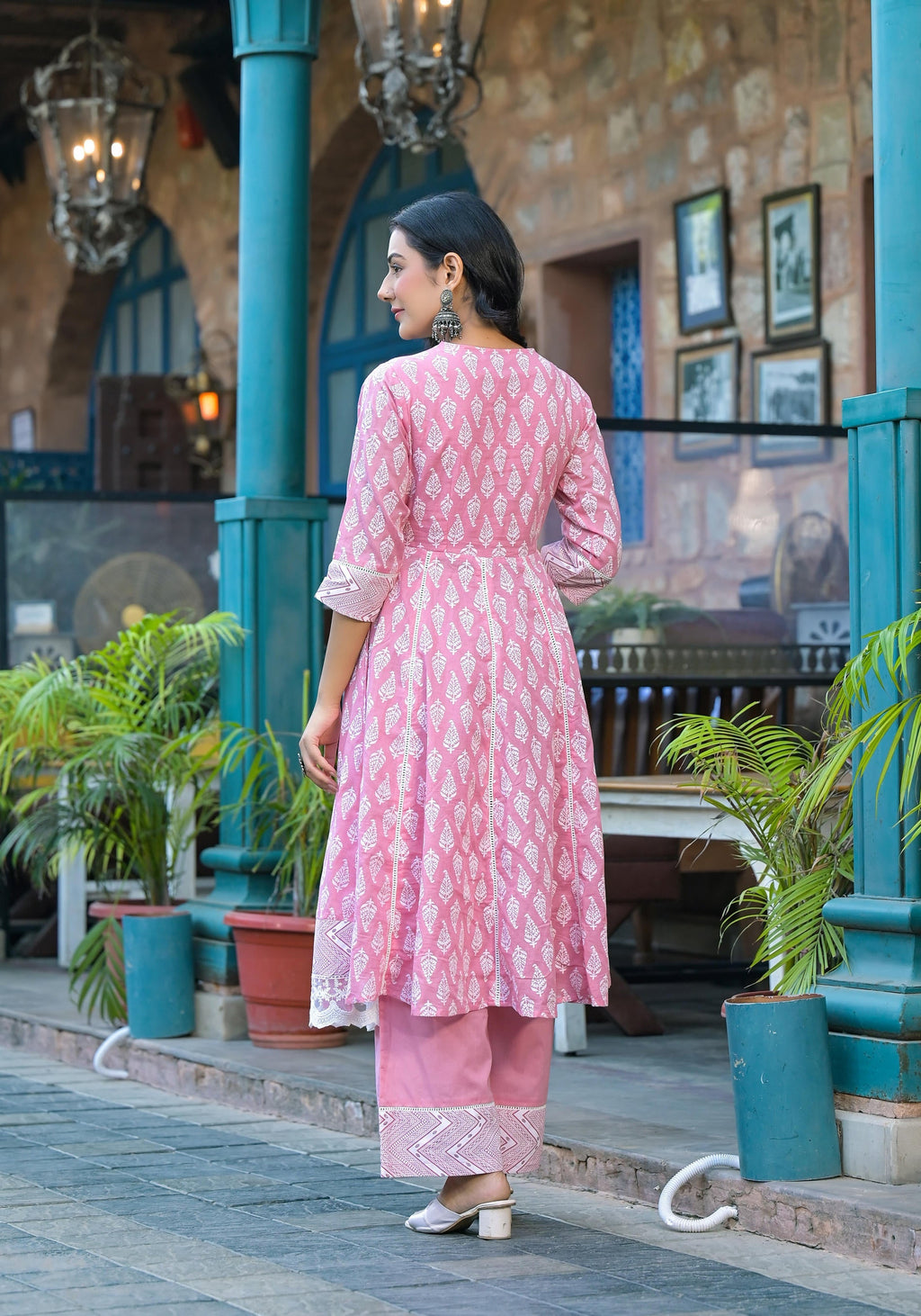 Juniper Powder Rose Pink Lace-Trim Printed Kurta Set With Dupatta | Grocsy