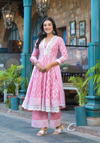 Juniper Powder Rose Pink Lace-Trim Printed Kurta Set With Dupatta | Grocsy