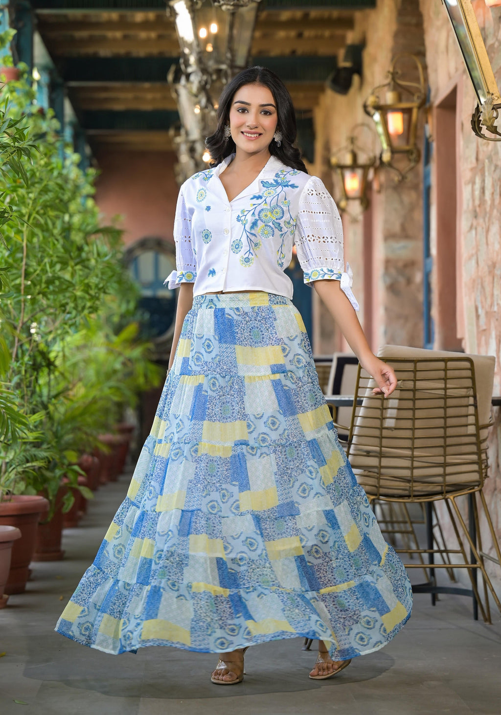Juniper White & Blue Ethnic Motif Printed Top & Skirt With Thread Work | Grocsy