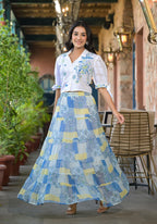 Juniper White & Blue Ethnic Motif Printed Top & Skirt With Thread Work | Grocsy