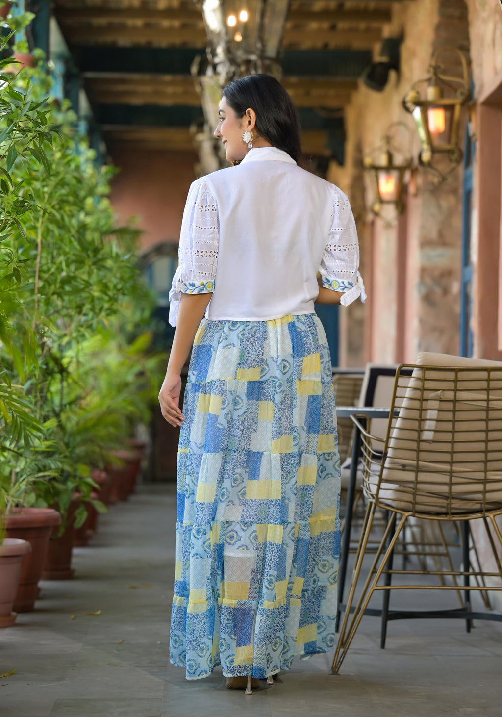 Juniper White & Blue Ethnic Motif Printed Top & Skirt With Thread Work | Grocsy