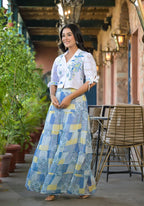 Juniper White & Blue Ethnic Motif Printed Top & Skirt With Thread Work | Grocsy