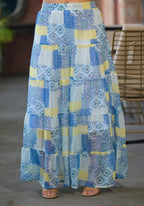 Juniper White & Blue Ethnic Motif Printed Top & Skirt With Thread Work | Grocsy
