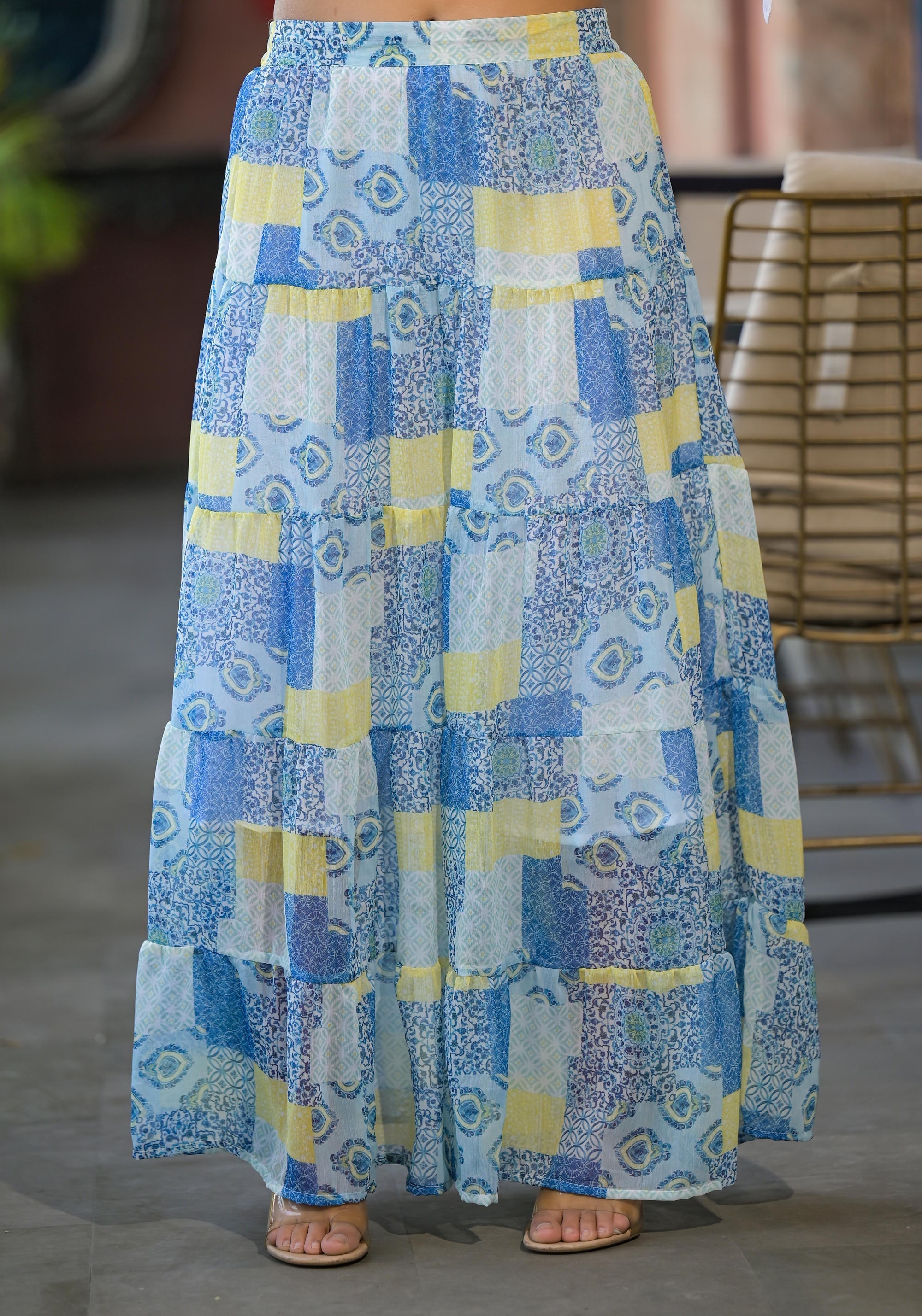 Juniper White & Blue Ethnic Motif Printed Top & Skirt With Thread Work | Grocsy