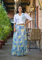 Juniper White & Blue Ethnic Motif Printed Top & Skirt With Thread Work | Grocsy