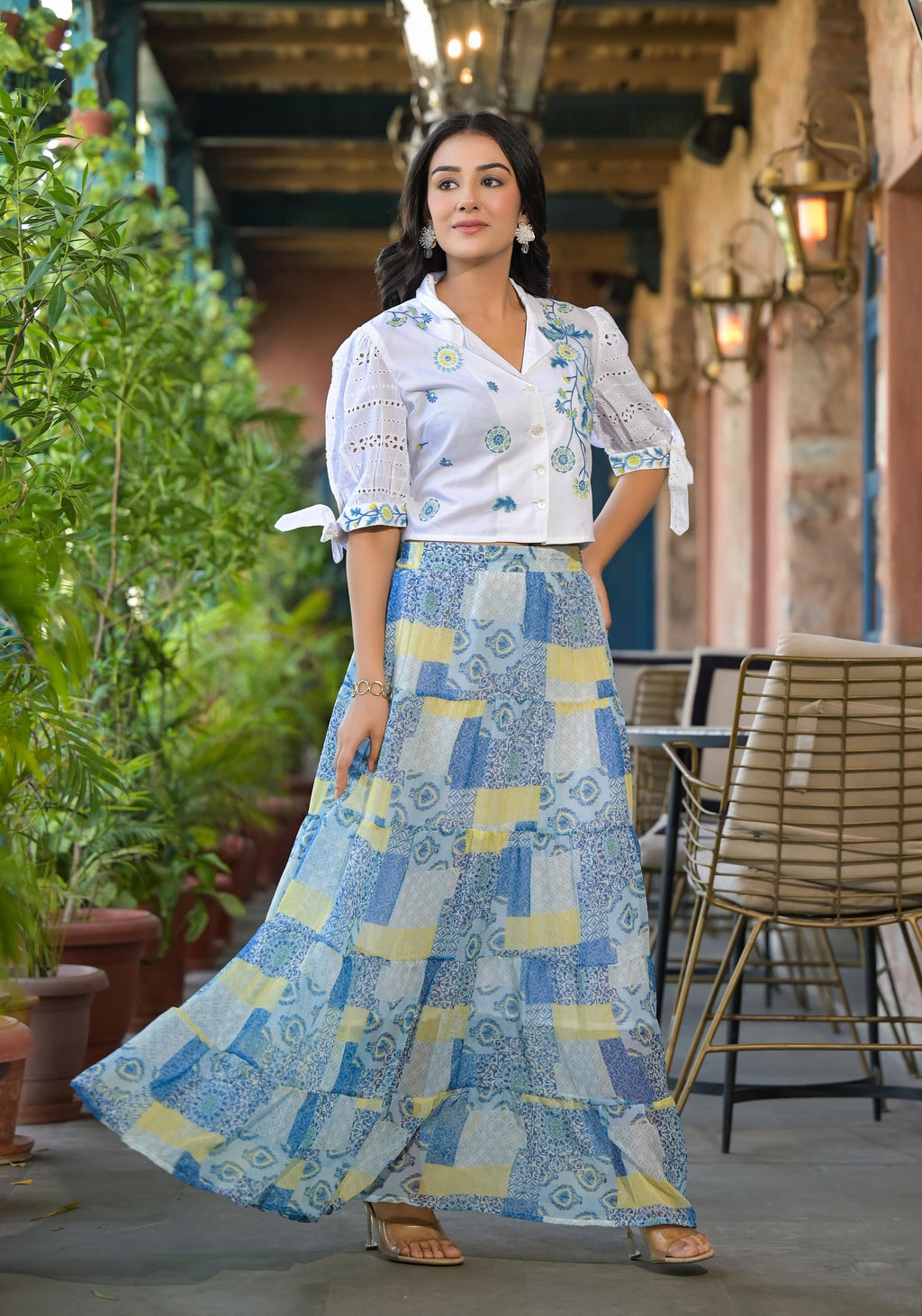 Juniper White & Blue Ethnic Motif Printed Top & Skirt With Thread Work | Grocsy