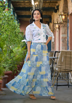 Juniper White & Blue Ethnic Motif Printed Top & Skirt With Thread Work | Grocsy