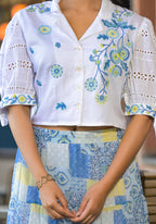 Juniper White & Blue Ethnic Motif Printed Top & Skirt With Thread Work | Grocsy