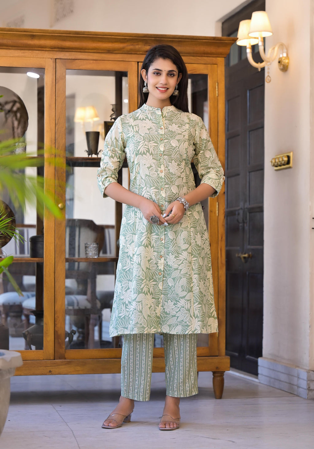 Juniper Sage Green Floral Printed Straight Kurta Set | Grocsy