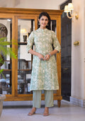 Juniper Sage Green Floral Printed Straight Kurta Set | Grocsy