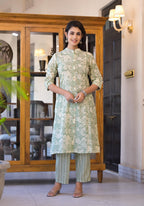 Juniper Sage Green Floral Printed Straight Kurta Set | Grocsy