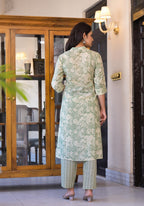Juniper Sage Green Floral Printed Straight Kurta Set | Grocsy