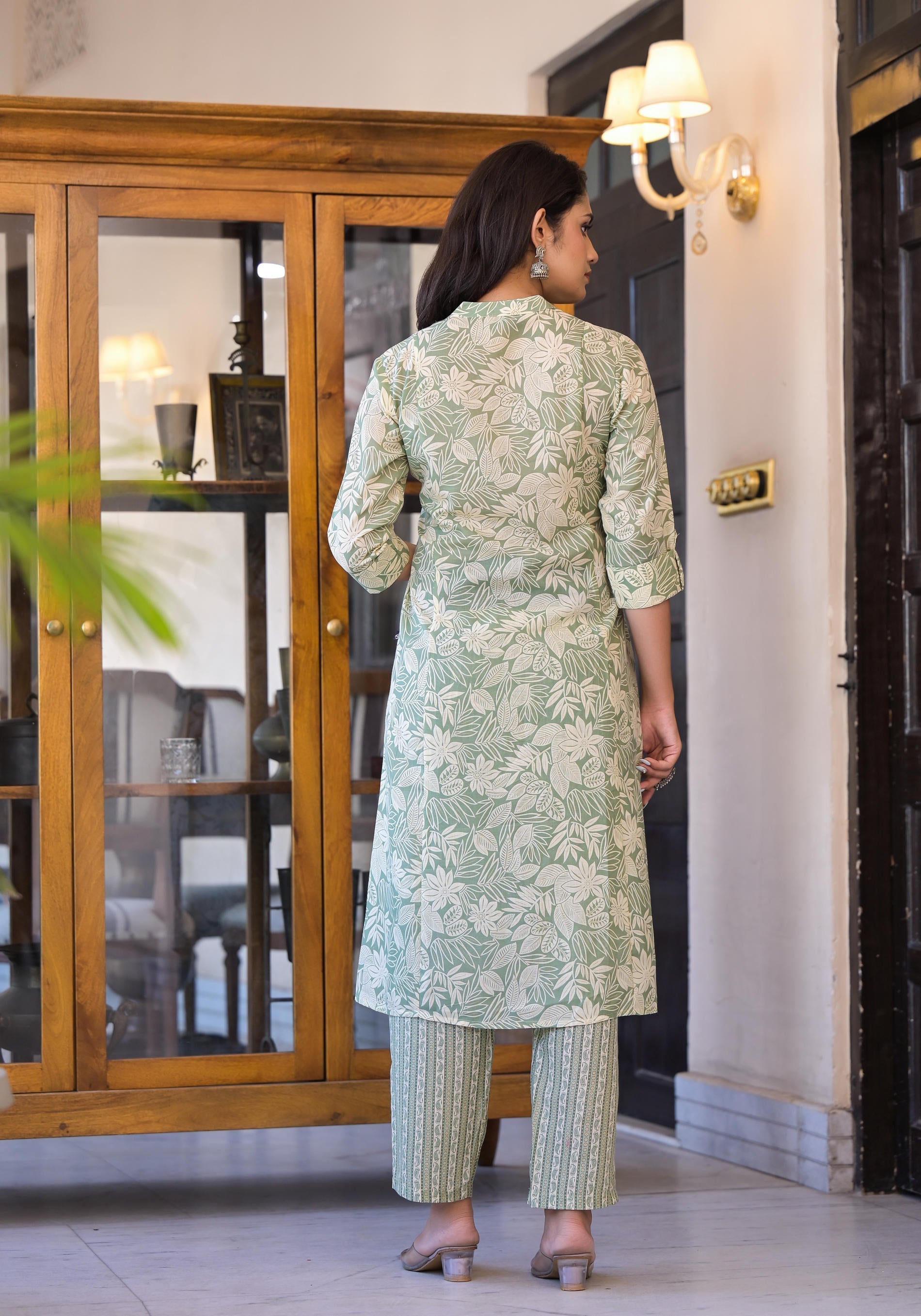 Juniper Sage Green Floral Printed Straight Kurta Set | Grocsy
