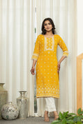 Juniper Mustard Ethnic Motif Printed Viscose Kurta With Lace | Grocsy