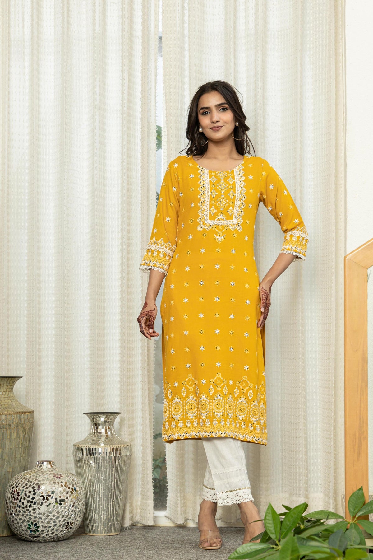Juniper Mustard Ethnic Motif Printed Viscose Kurta With Lace | Grocsy