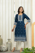 Juniper Navy Ethnic Motif Printed Viscose Kurta With Lace | Grocsy