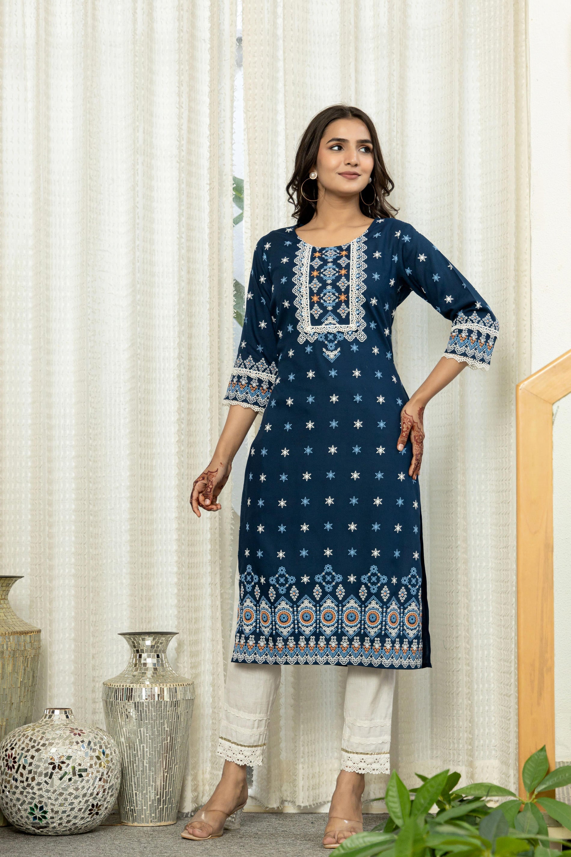 Juniper Navy Ethnic Motif Printed Viscose Kurta With Lace | Grocsy