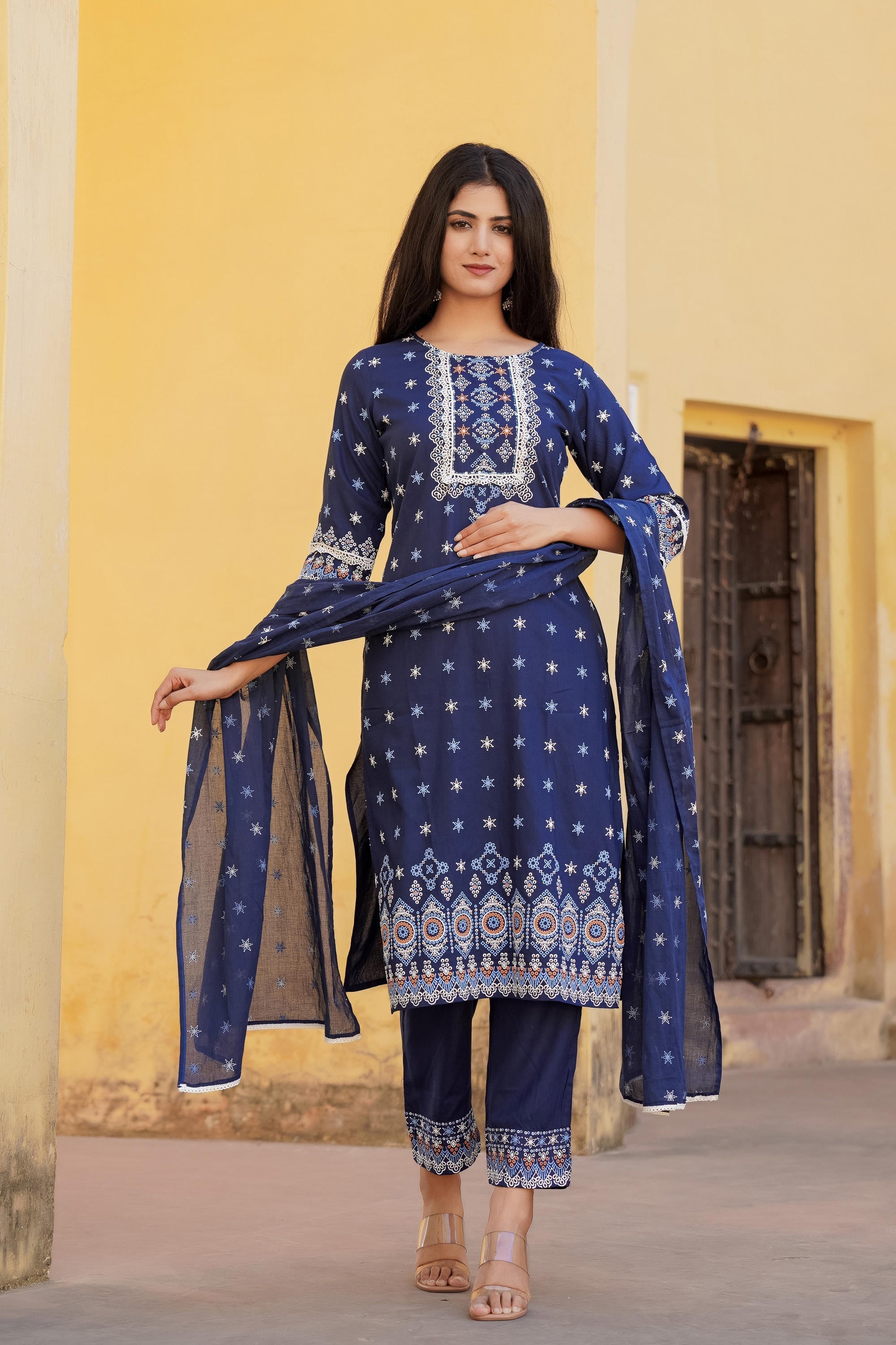 Juniper Navy Ethnic Motif Printed Viscose Kurta Pant And Dupatta Set With Sequins & Lace | Grocsy