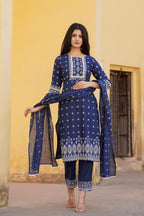 Juniper Navy Ethnic Motif Printed Viscose Kurta Pant And Dupatta Set With Sequins & Lace | Grocsy