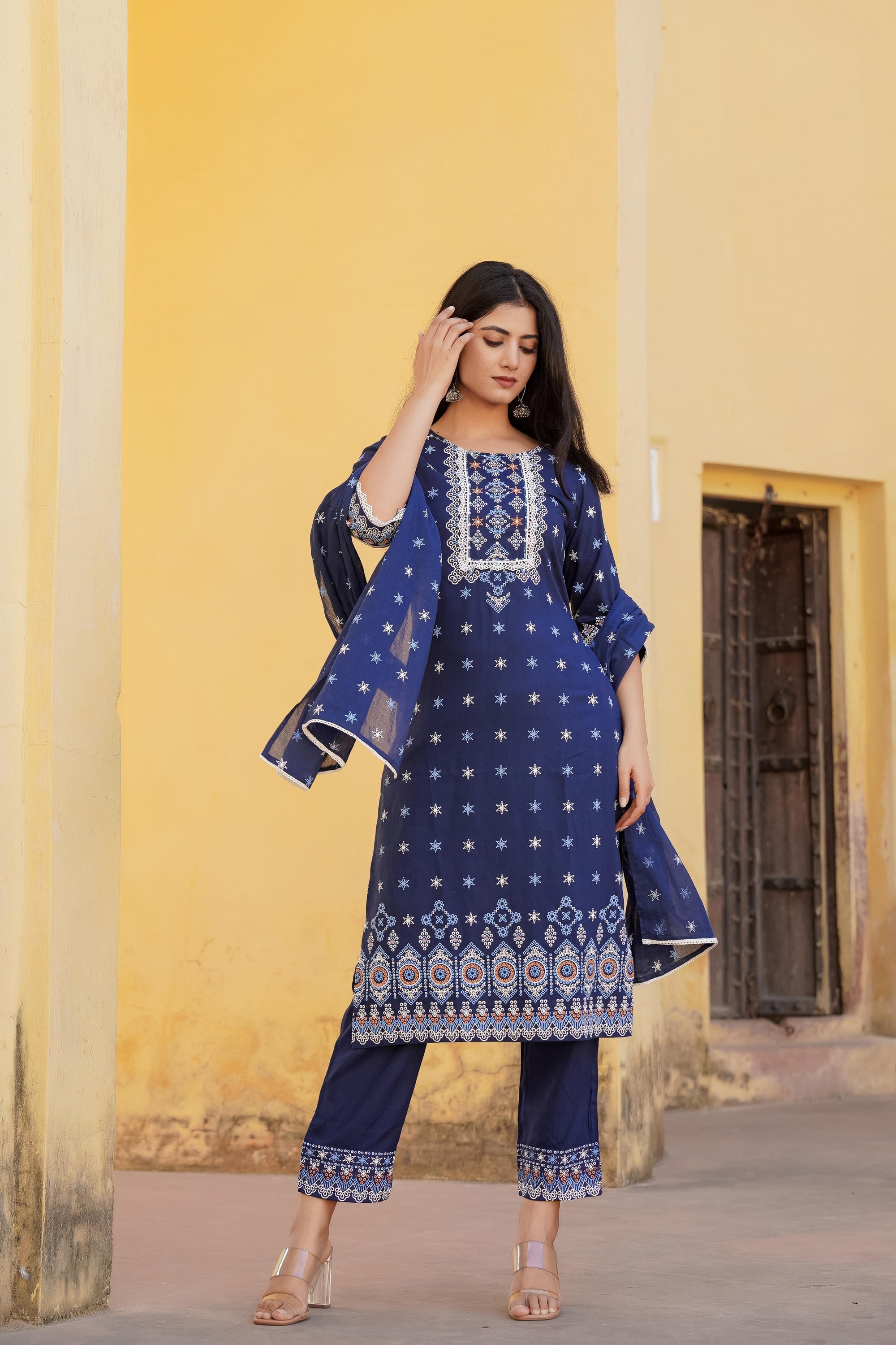 Juniper Navy Ethnic Motif Printed Viscose Kurta Pant And Dupatta Set With Sequins & Lace | Grocsy