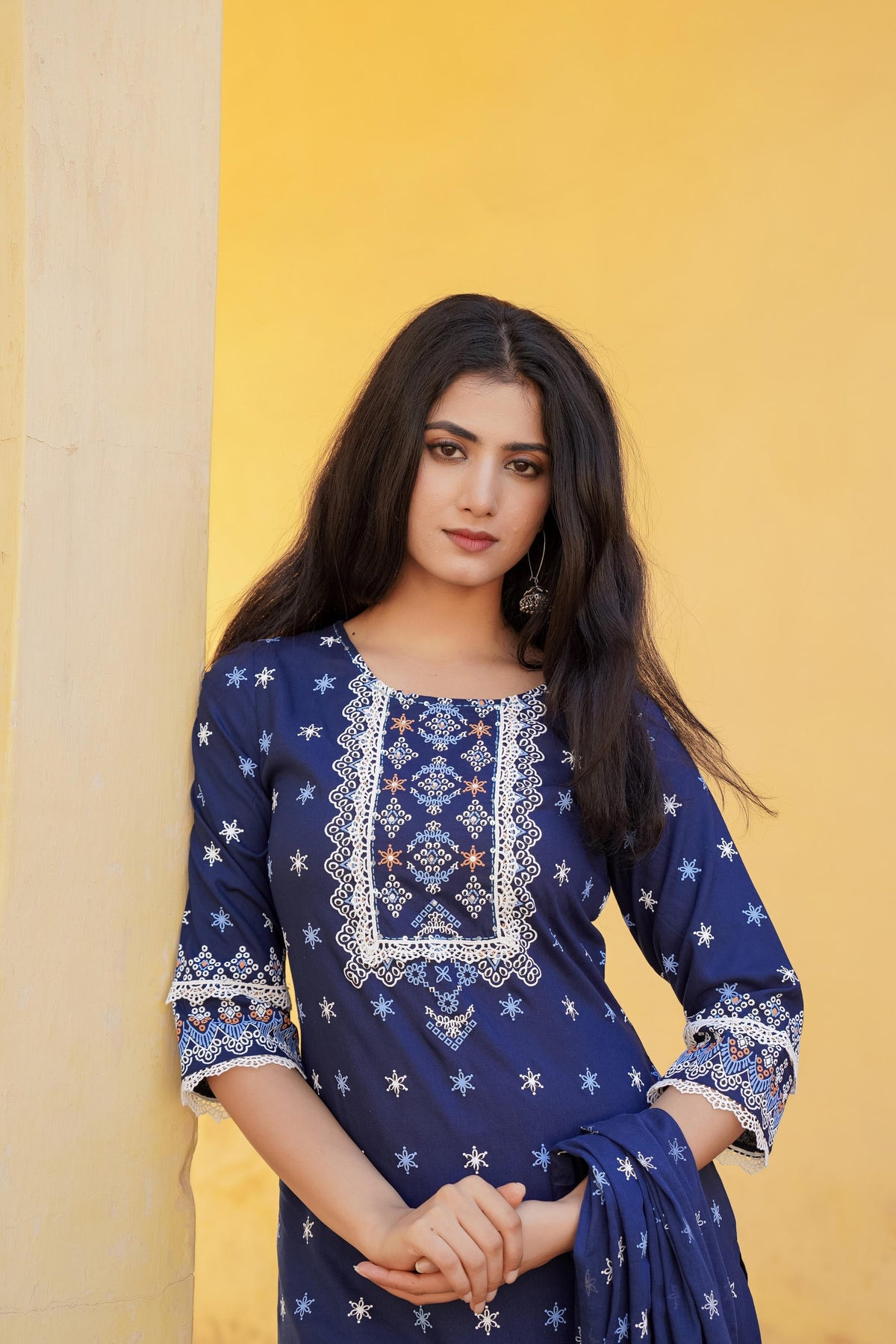Juniper Navy Ethnic Motif Printed Viscose Kurta Pant And Dupatta Set With Sequins & Lace | Grocsy