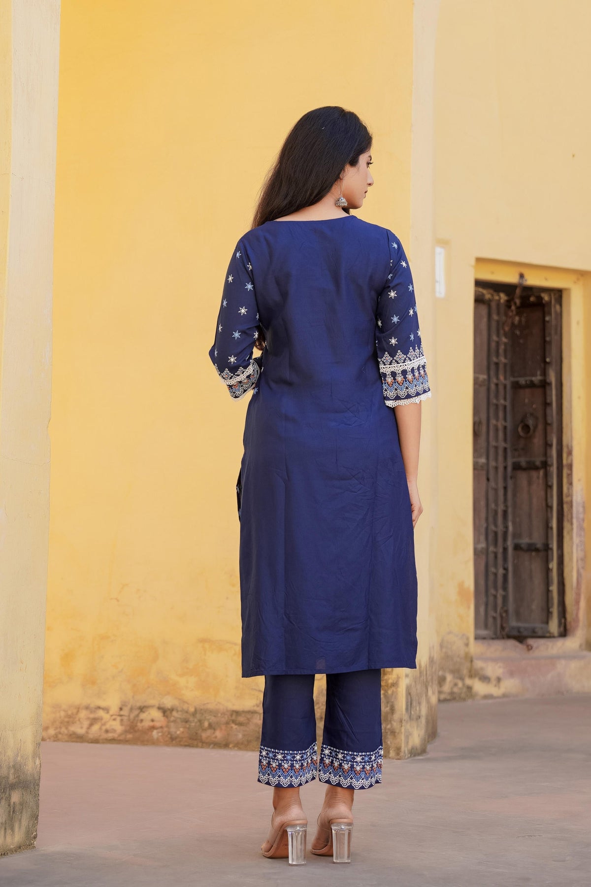 Juniper Navy Ethnic Motif Printed Viscose Kurta Pant And Dupatta Set With Sequins & Lace | Grocsy