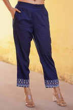 Juniper Navy Ethnic Motif Printed Viscose Kurta Pant And Dupatta Set With Sequins & Lace | Grocsy