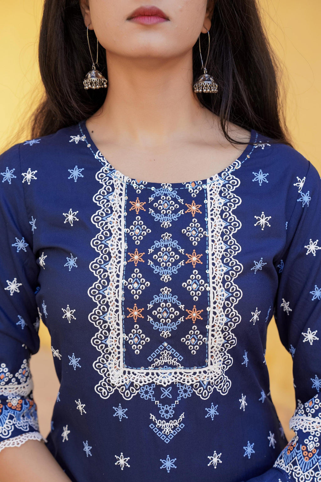 Juniper Navy Ethnic Motif Printed Viscose Kurta Pant And Dupatta Set With Sequins & Lace | Grocsy