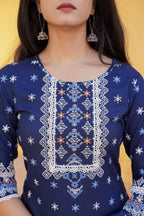 Juniper Navy Ethnic Motif Printed Viscose Kurta Pant And Dupatta Set With Sequins & Lace | Grocsy