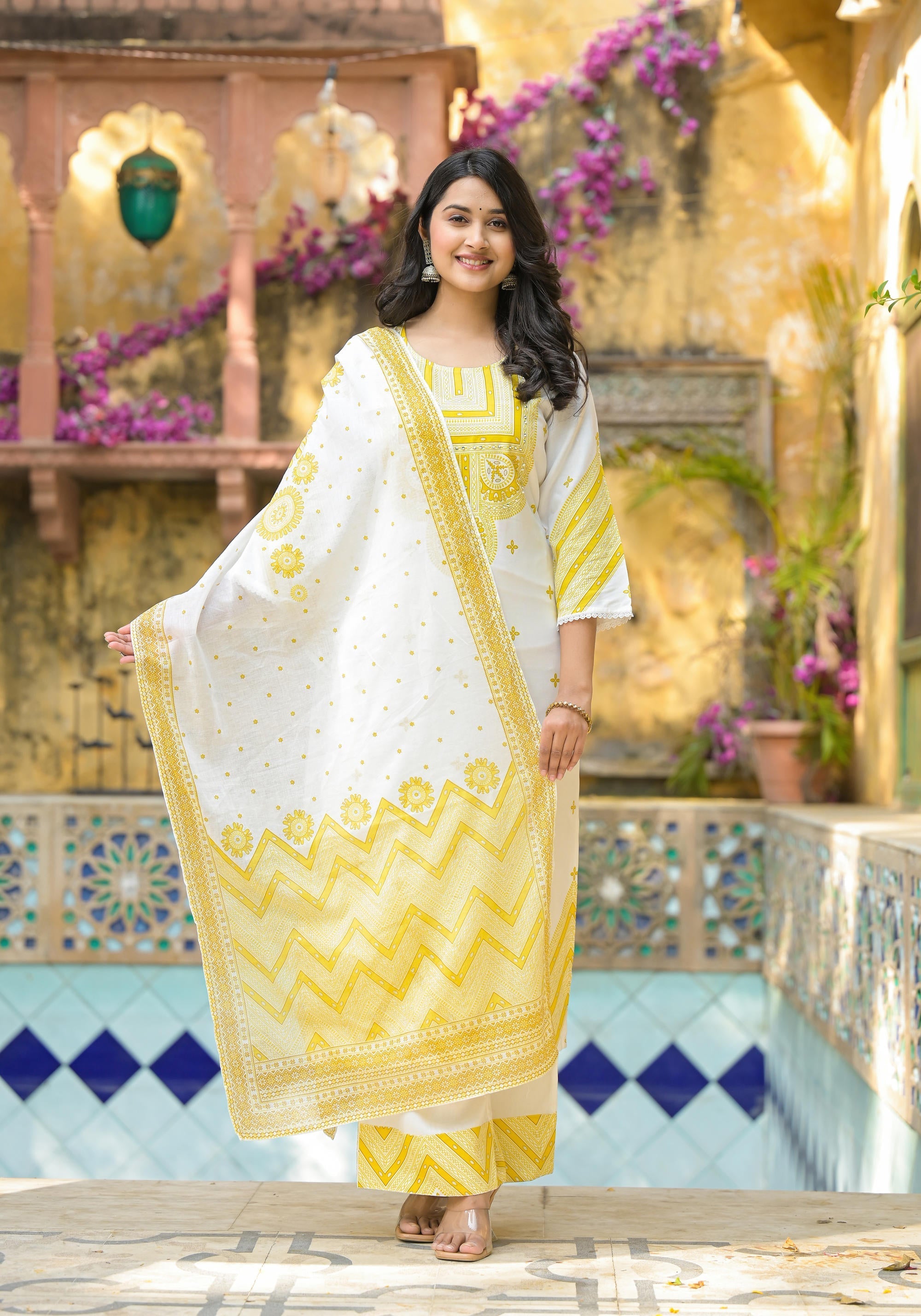 Juniper Mustard Ethnic Motif Printed Viscose Kurta Pant And Dupatta Set With Sequins & Beads | Grocsy