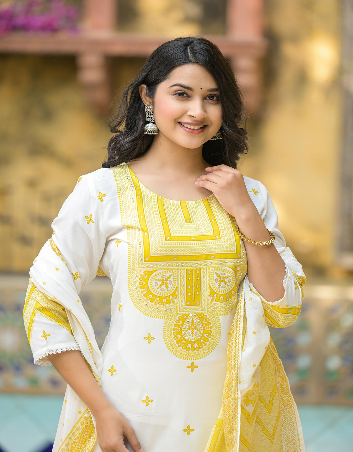 Juniper Mustard Ethnic Motif Printed Viscose Kurta Pant And Dupatta Set With Sequins & Beads | Grocsy