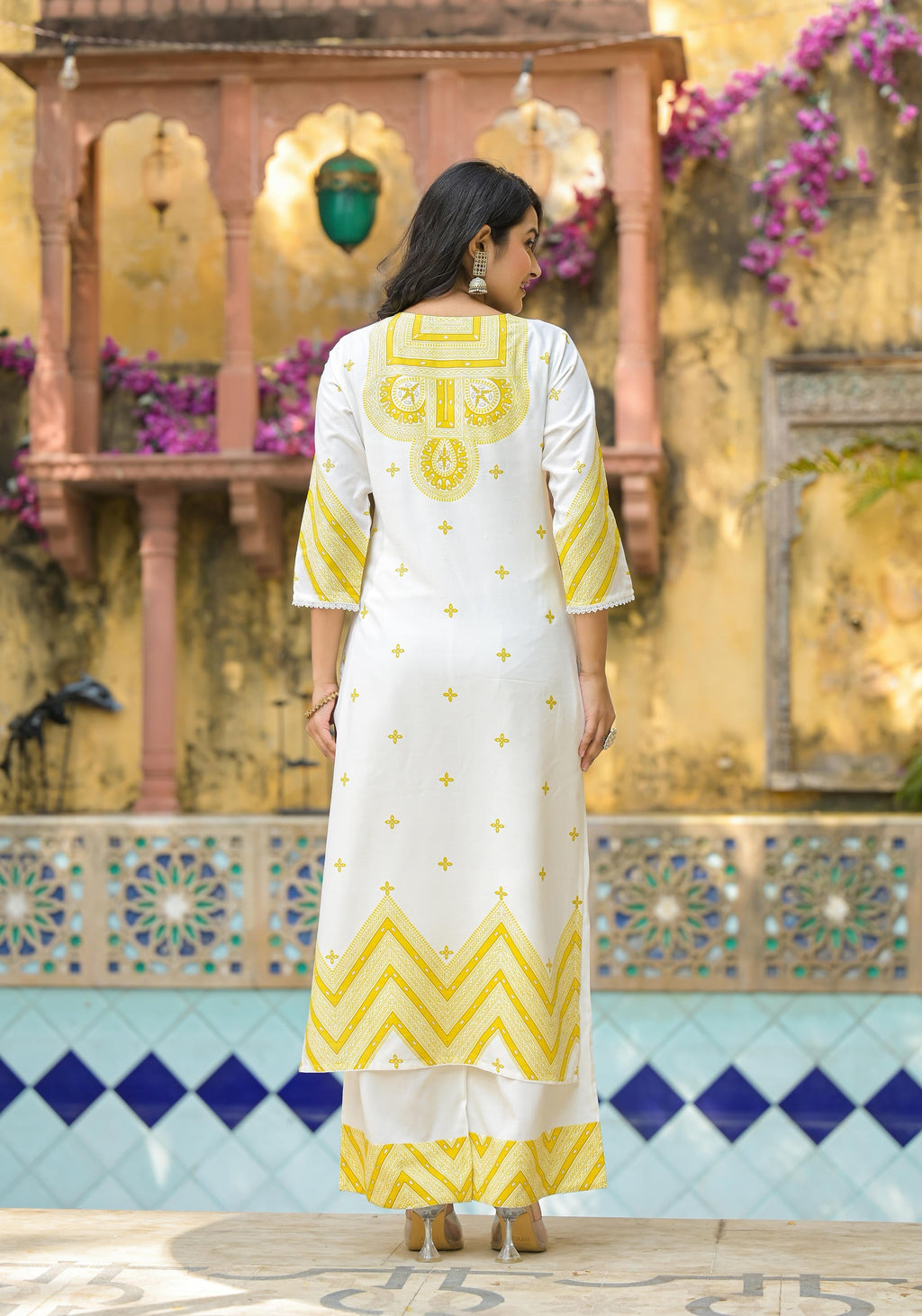 Juniper Mustard Ethnic Motif Printed Viscose Kurta Pant And Dupatta Set With Sequins & Beads | Grocsy